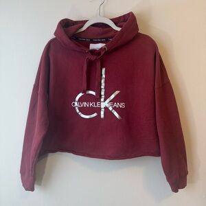 Calvin Klein Women's Red Long Sleeve  Cropped Top Hoodie Sweatshirt  Size L